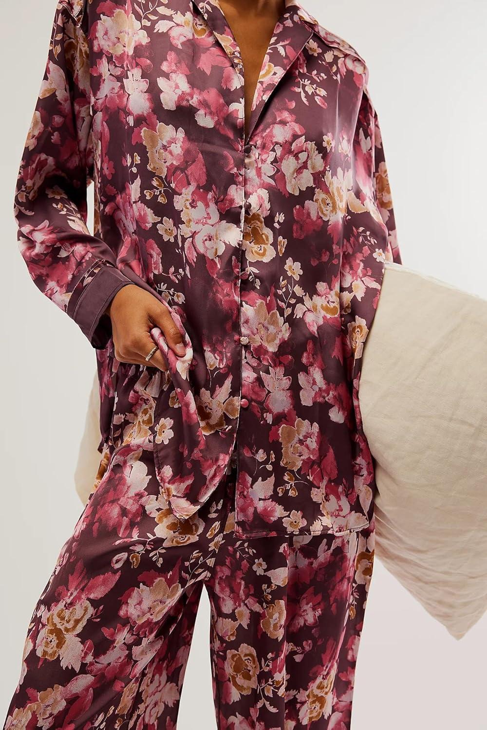Arssm Satin Pajama Set for Women Silk Pajamas Set 2 Piece Floral Pj Set Long Sleeve Button Down Pjs Sleepwear(Winered)