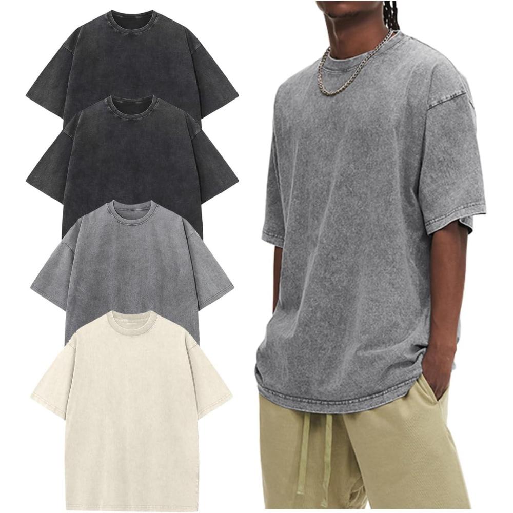 Arssm Oversized Tshirts for Men Acid Wash Loose Fit Vintage Cotton Heavyweight T Shirts Baggy Tees(Blackblackgreybeige)