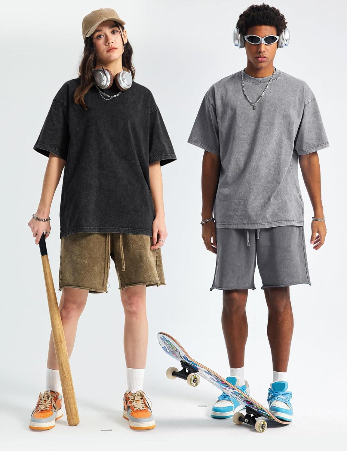 Arssm Oversized Tshirts for Men Acid Wash Loose Fit Vintage Cotton Heavyweight T Shirts Baggy Tees(Blackblackgreybeige)