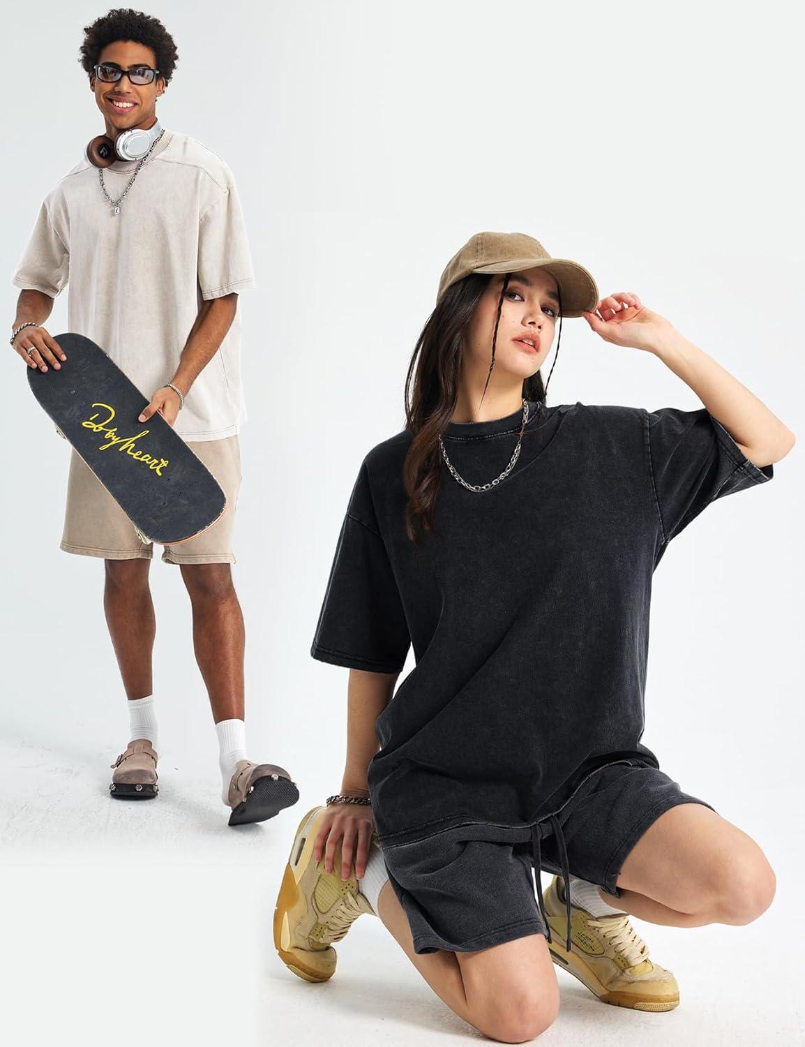 Arssm Oversized Tshirts for Men Acid Wash Loose Fit Vintage Cotton Heavyweight T Shirts Baggy Tees(Blackblackgreybeige)