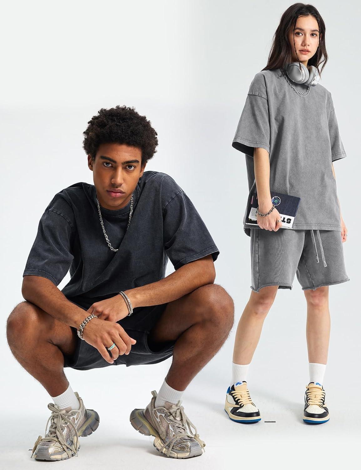 Arssm Oversized Tshirts for Men Acid Wash Loose Fit Vintage Cotton Heavyweight T Shirts Baggy Tees(Blackblackgreybeige)