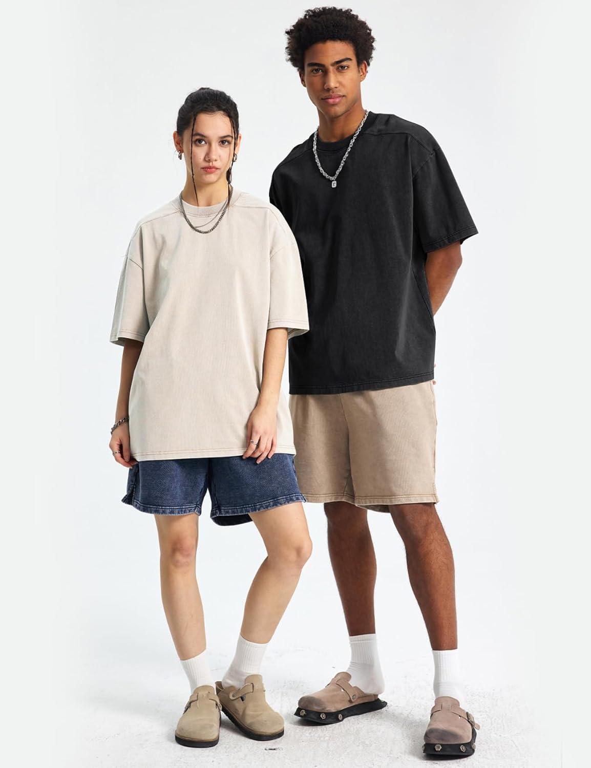 Arssm Oversized Tshirts for Men Acid Wash Loose Fit Vintage Cotton Heavyweight T Shirts Baggy Tees(Blackblackgreybeige)