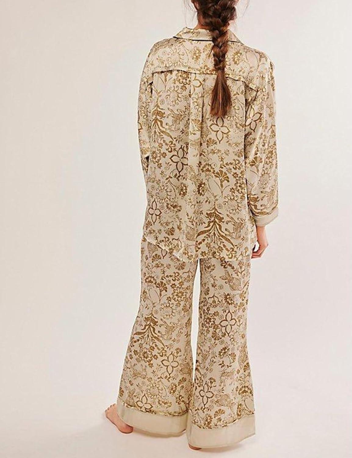 Arssm Satin Pajama Set for Women Silk Pajamas Set 2 Piece Floral Pj Set Long Sleeve Button Down Pjs Sleepwear(Khaki)