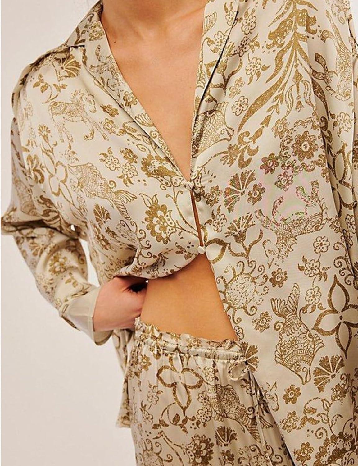 Arssm Satin Pajama Set for Women Silk Pajamas Set 2 Piece Floral Pj Set Long Sleeve Button Down Pjs Sleepwear(Khaki)