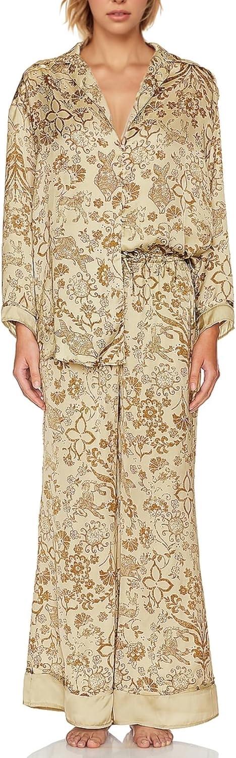 Arssm Satin Pajama Set for Women Silk Pajamas Set 2 Piece Floral Pj Set Long Sleeve Button Down Pjs Sleepwear(Khaki)