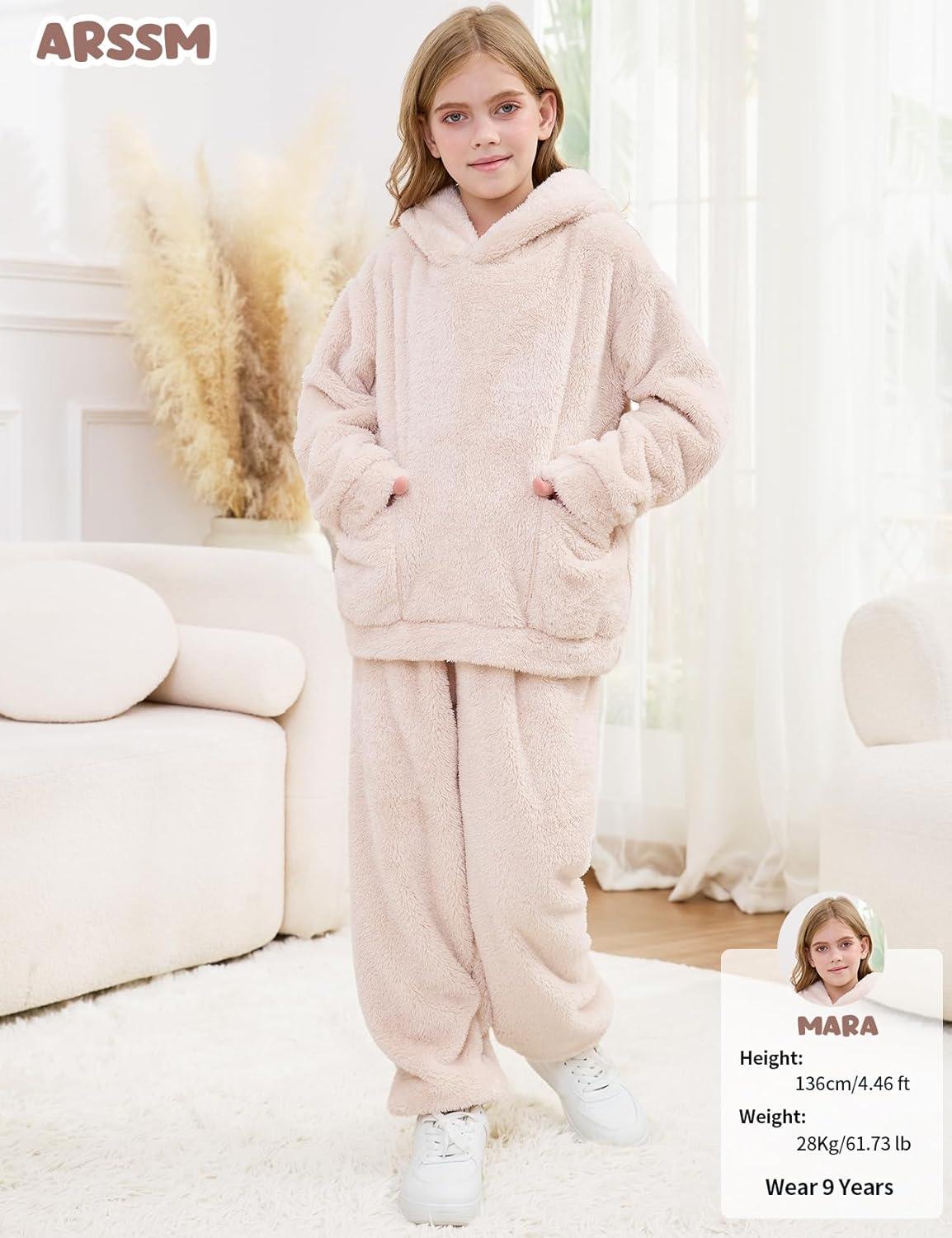 Arssm Girl Pants Sets Two Pieces Outfit Kids Bear Ear Fuzzy Fluffy Hoodie Sweatshirt with Fleece Sweatpants(Beige)
