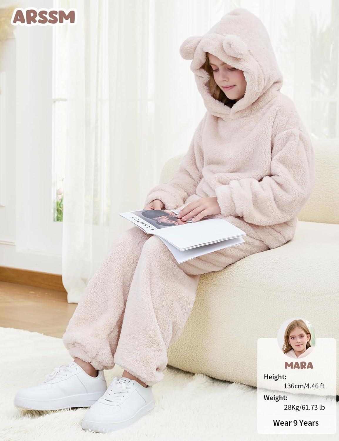 Arssm Girl Pants Sets Two Pieces Outfit Kids Bear Ear Fuzzy Fluffy Hoodie Sweatshirt with Fleece Sweatpants(Beige)