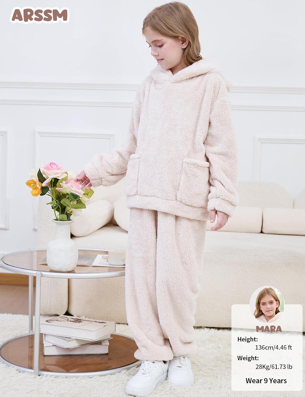 Arssm Girl Pants Sets Two Pieces Outfit Kids Bear Ear Fuzzy Fluffy Hoodie Sweatshirt with Fleece Sweatpants(Beige)