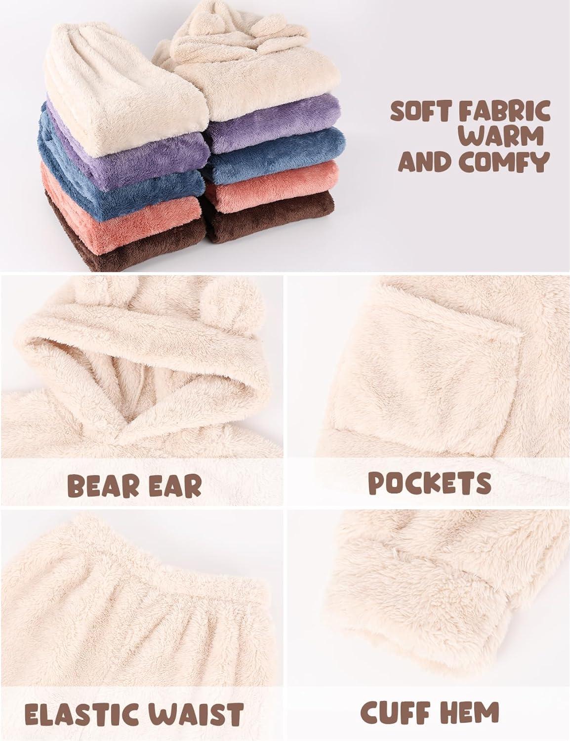 Arssm Girl Pants Sets Two Pieces Outfit Kids Bear Ear Fuzzy Fluffy Hoodie Sweatshirt with Fleece Sweatpants(Beige)