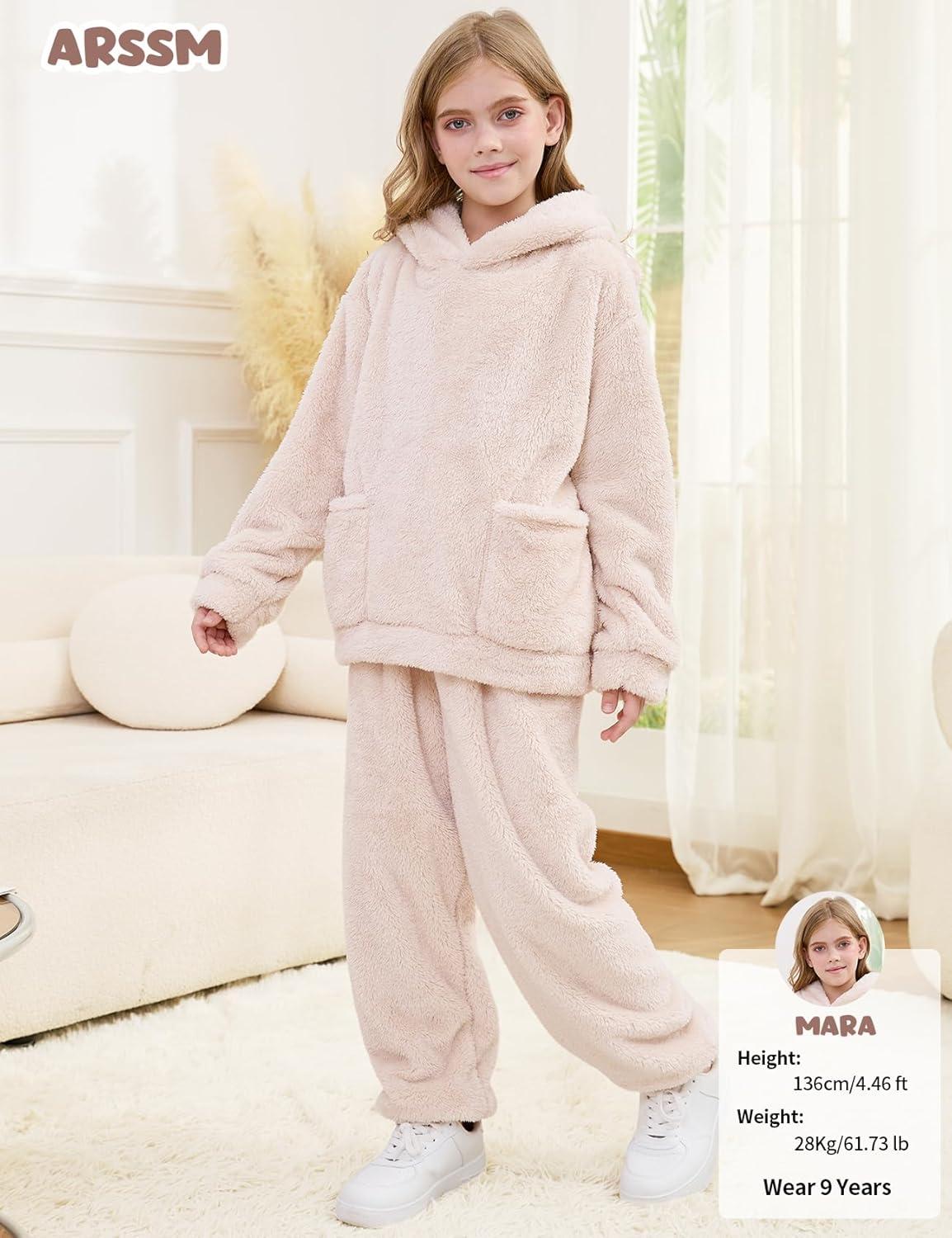 Arssm Girl Pants Sets Two Pieces Outfit Kids Bear Ear Fuzzy Fluffy Hoodie Sweatshirt with Fleece Sweatpants(Beige)