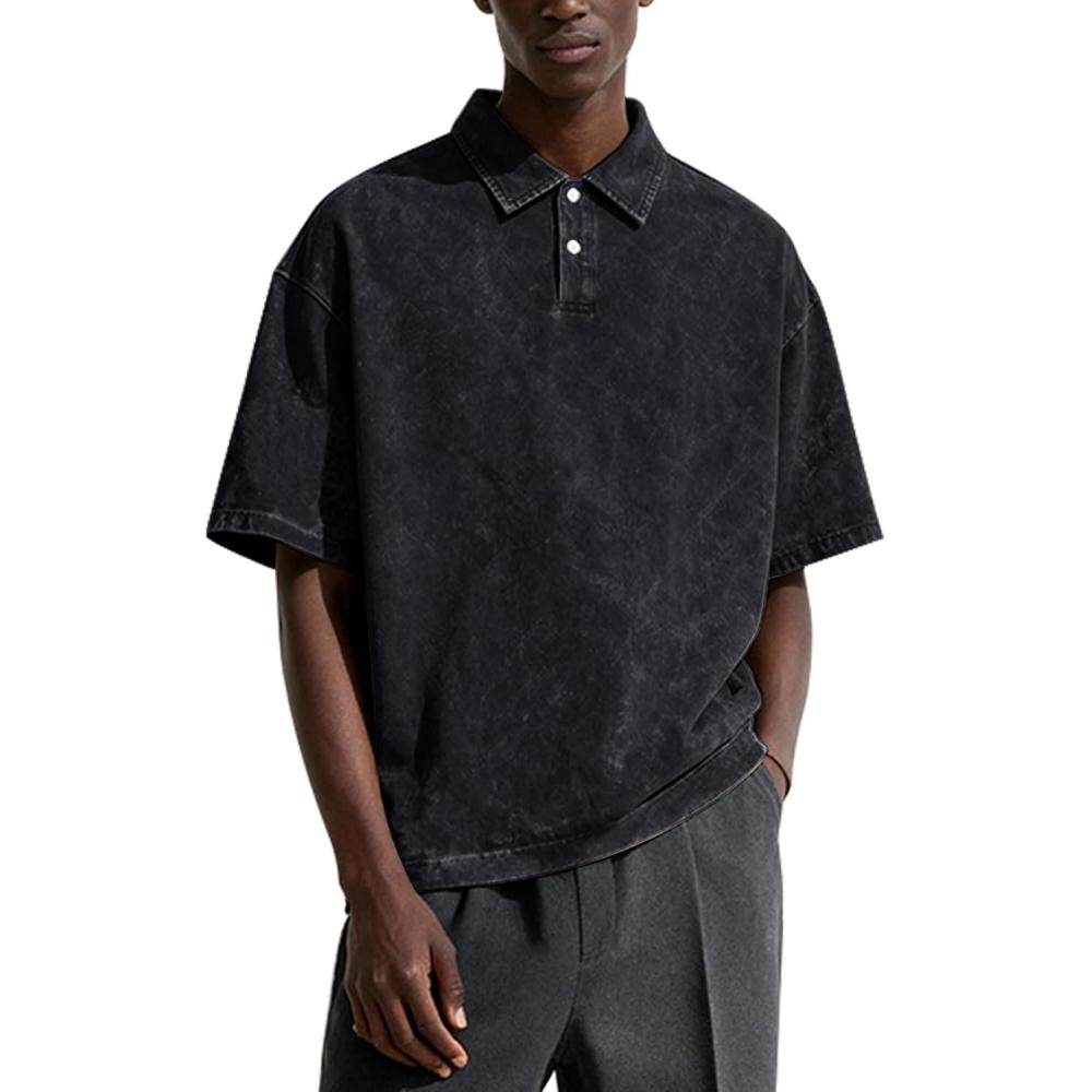 Arssm Mens Polo Shirts Short Sleeve Cotton Acid Washed Overzied T Shirts Baggy Vintage Collared Polo Shirts(Black)