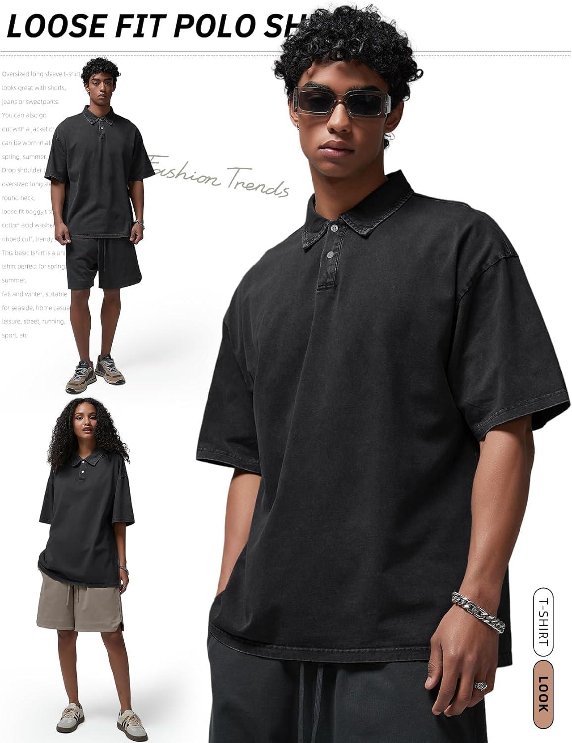 Arssm Mens Polo Shirts Short Sleeve Cotton Acid Washed Overzied T Shirts Baggy Vintage Collared Polo Shirts(Black)