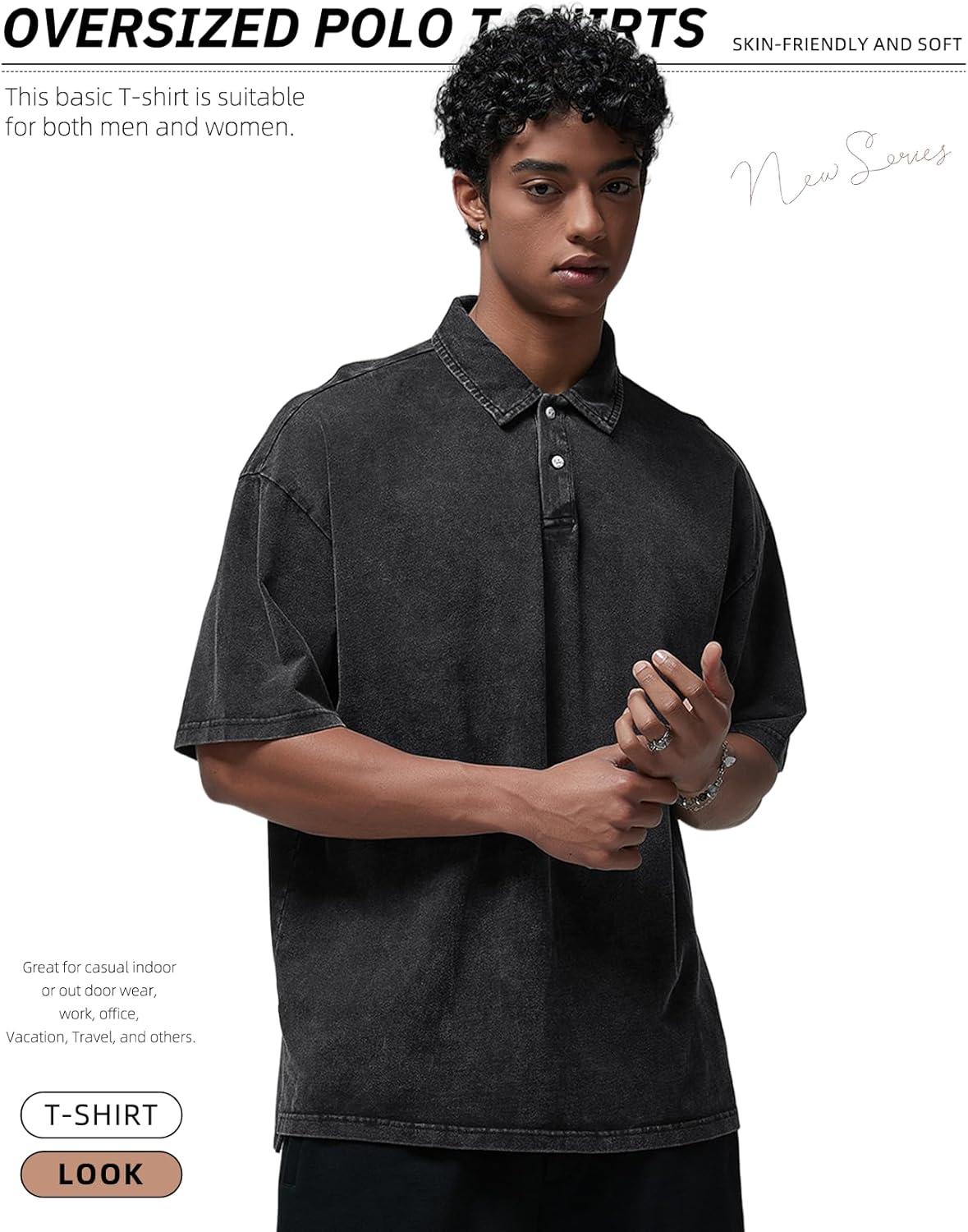 Arssm Mens Polo Shirts Short Sleeve Cotton Acid Washed Overzied T Shirts Baggy Vintage Collared Polo Shirts(Black)