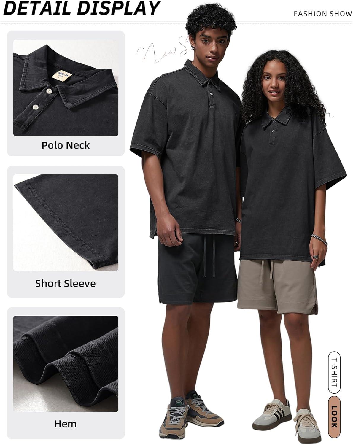 Arssm Mens Polo Shirts Short Sleeve Cotton Acid Washed Overzied T Shirts Baggy Vintage Collared Polo Shirts(Black)