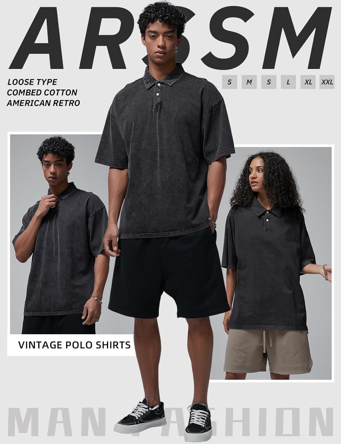 Arssm Mens Polo Shirts Short Sleeve Cotton Acid Washed Overzied T Shirts Baggy Vintage Collared Polo Shirts(Black)