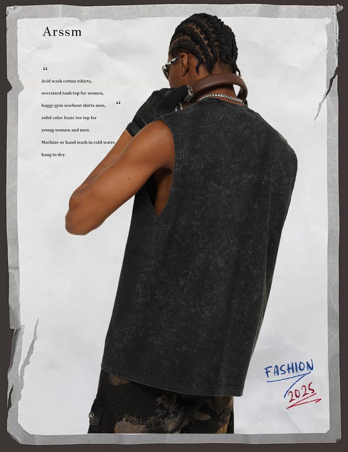 Arssm Sleeveless Shirts for Men Tank Tops Cotton Acid Wash Tees Muscle Workout Running Tank Tops(Black)