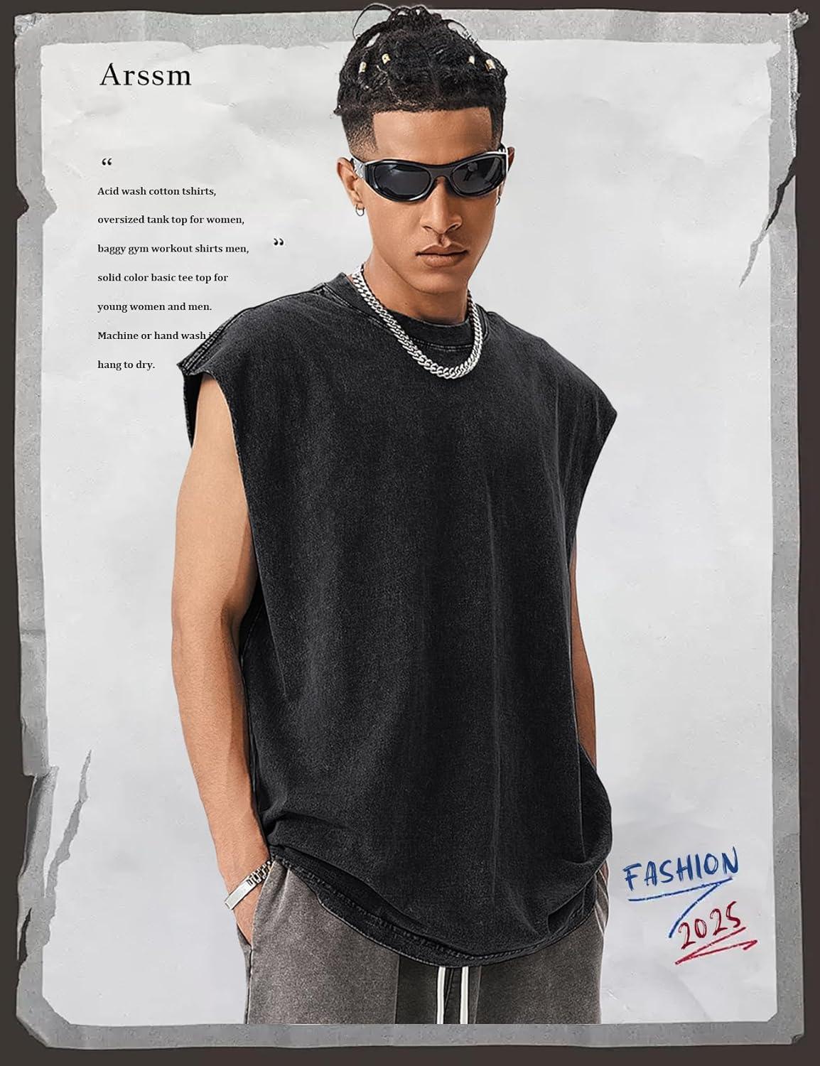 Arssm Sleeveless Shirts for Men Tank Tops Cotton Acid Wash Tees Muscle Workout Running Tank Tops(Black)