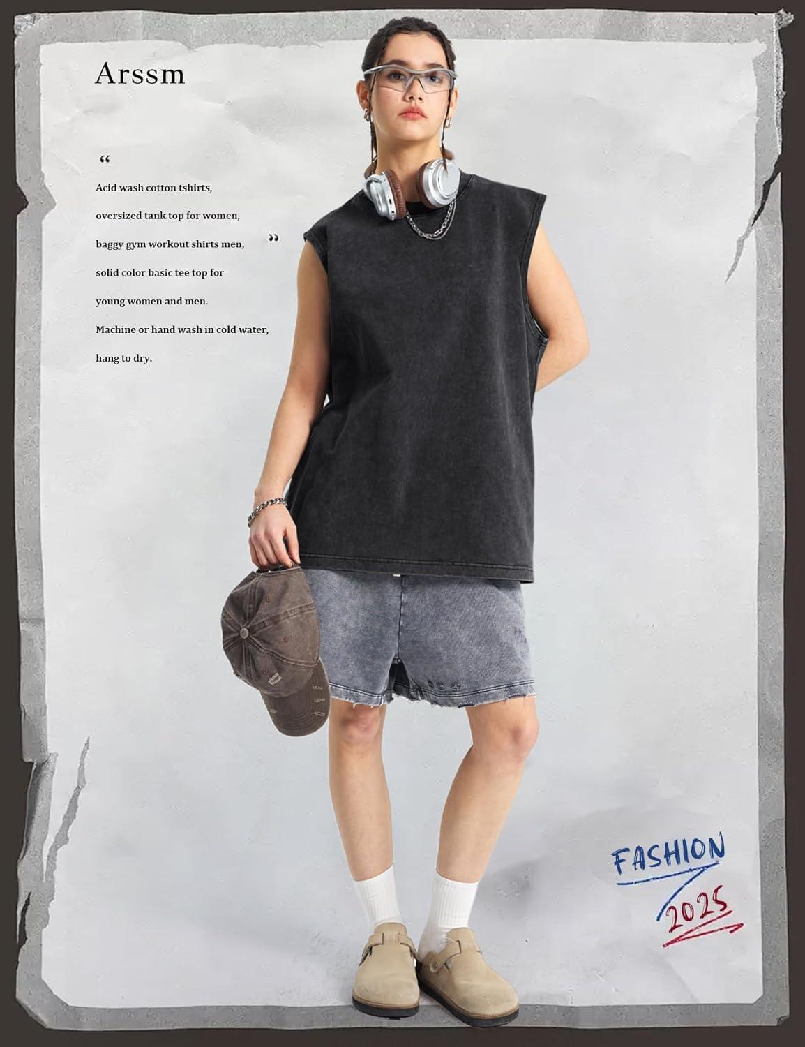 Arssm Sleeveless Shirts for Men Tank Tops Cotton Acid Wash Tees Muscle Workout Running Tank Tops(Black)