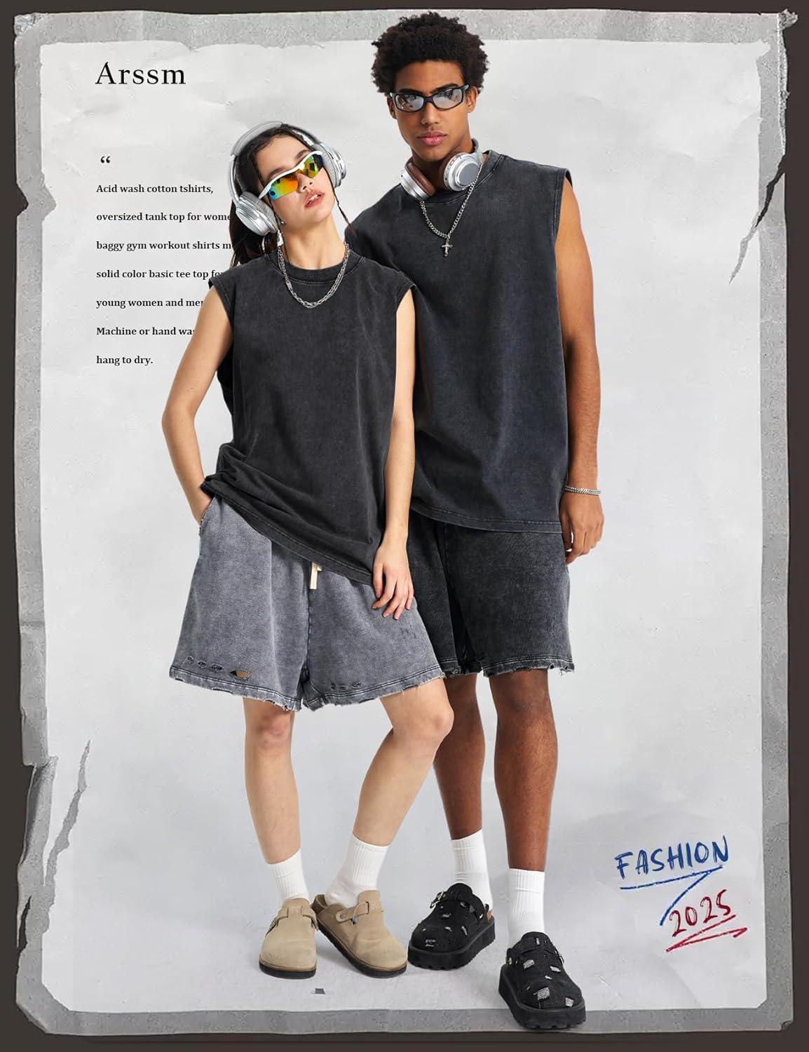 Arssm Sleeveless Shirts for Men Tank Tops Cotton Acid Wash Tees Muscle Workout Running Tank Tops(Black)