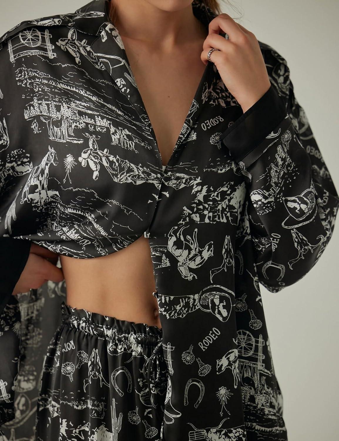 Arssm Women 2 Piece Satin Silk Pajama Set Floral Long Sleeve Pajamas Soft Button Down Pjs Set Sleepwear(Black-S)
