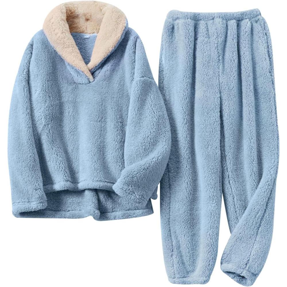 Arssm Women Fluffy Pajamas Set Fleece Pajamas Winter Warm Loose Plush Fuzzy Sets 2 Piece Cozy Sleepwear(Blue)