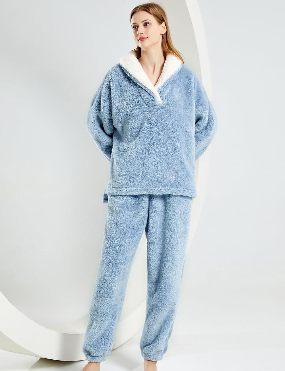 Arssm Women Fluffy Pajamas Set Fleece Pajamas Winter Warm Loose Plush Fuzzy Sets 2 Piece Cozy Sleepwear(Blue)