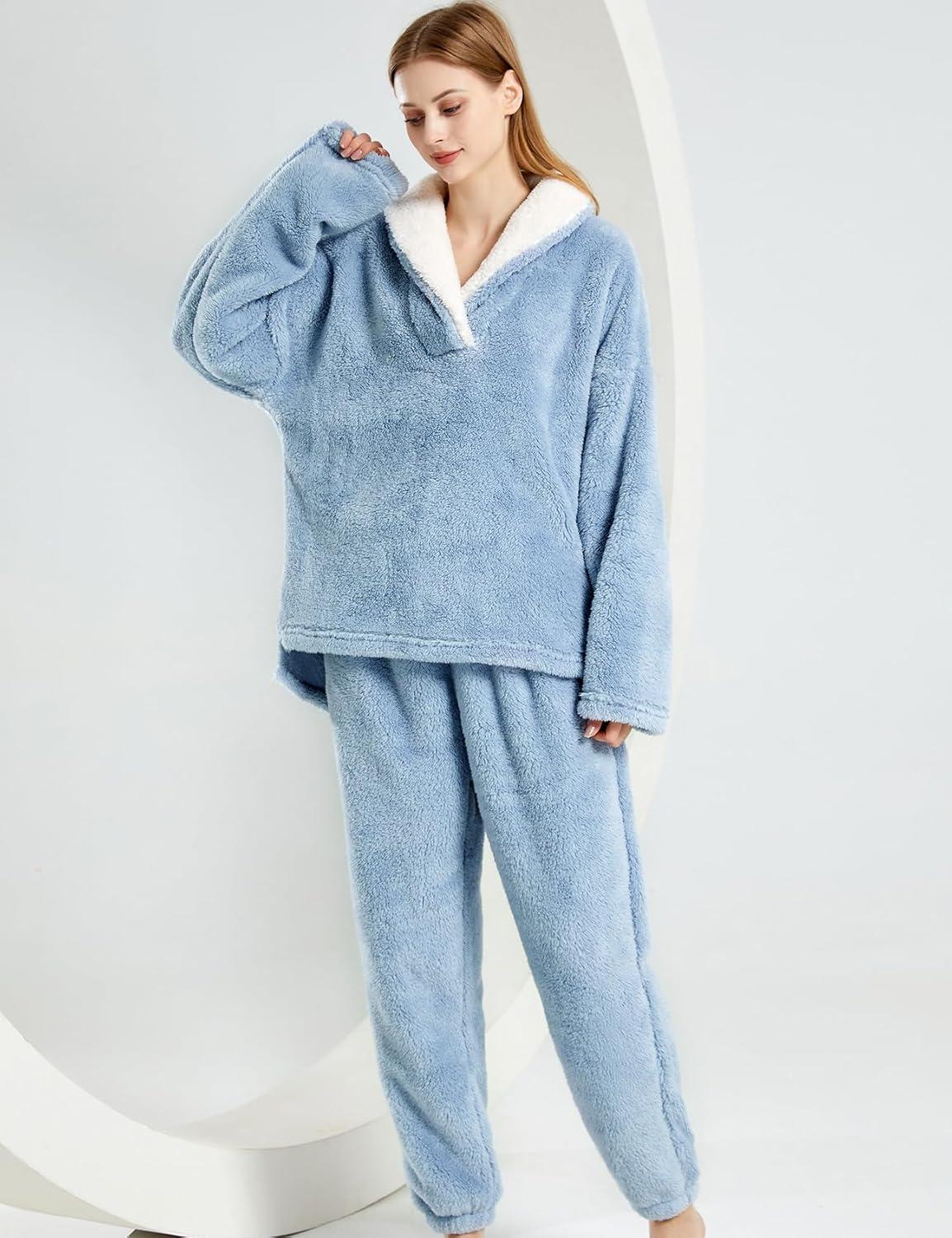 Arssm Women Fluffy Pajamas Set Fleece Pajamas Winter Warm Loose Plush Fuzzy Sets 2 Piece Cozy Sleepwear(Blue)