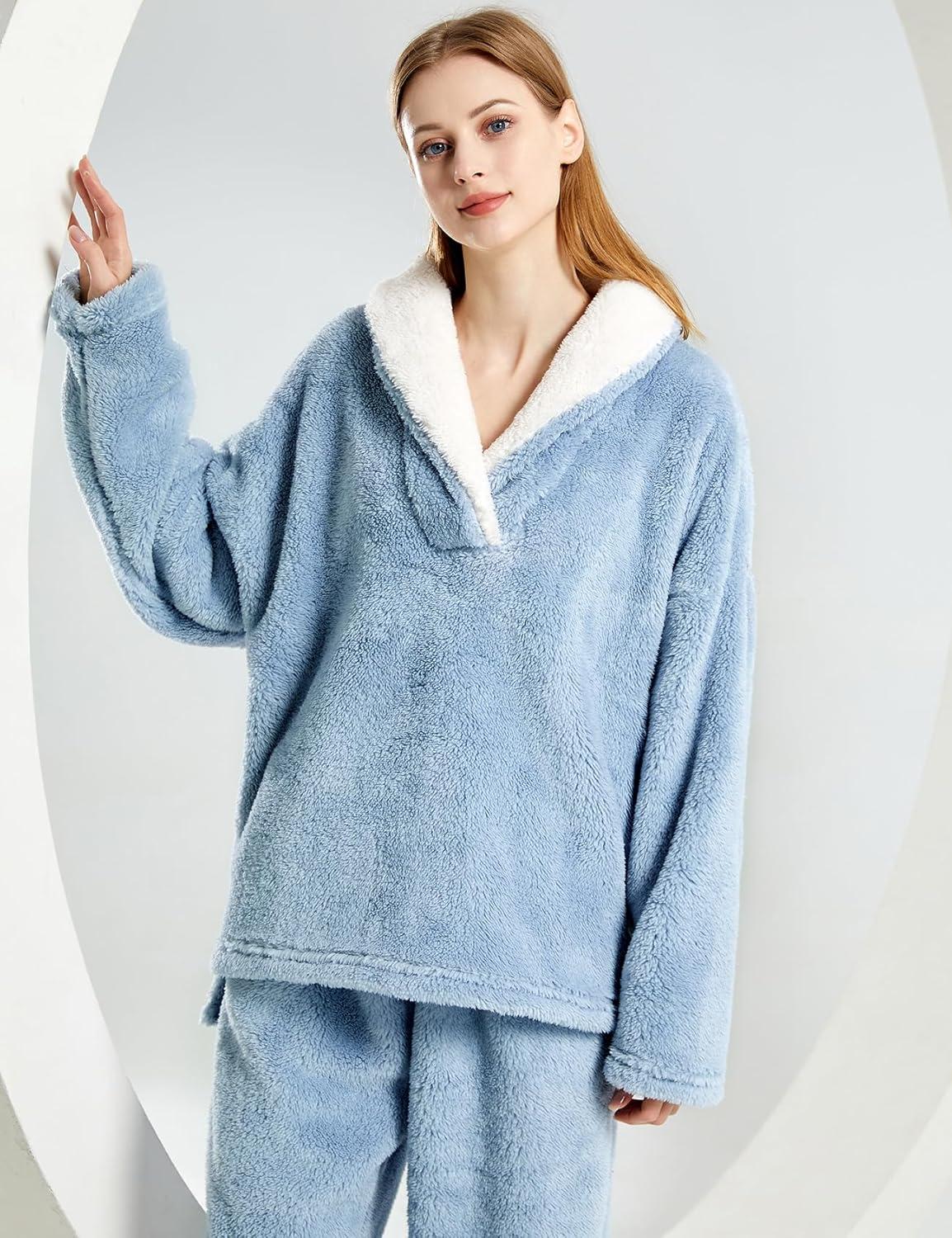 Arssm Women Fluffy Pajamas Set Fleece Pajamas Winter Warm Loose Plush Fuzzy Sets 2 Piece Cozy Sleepwear(Blue)