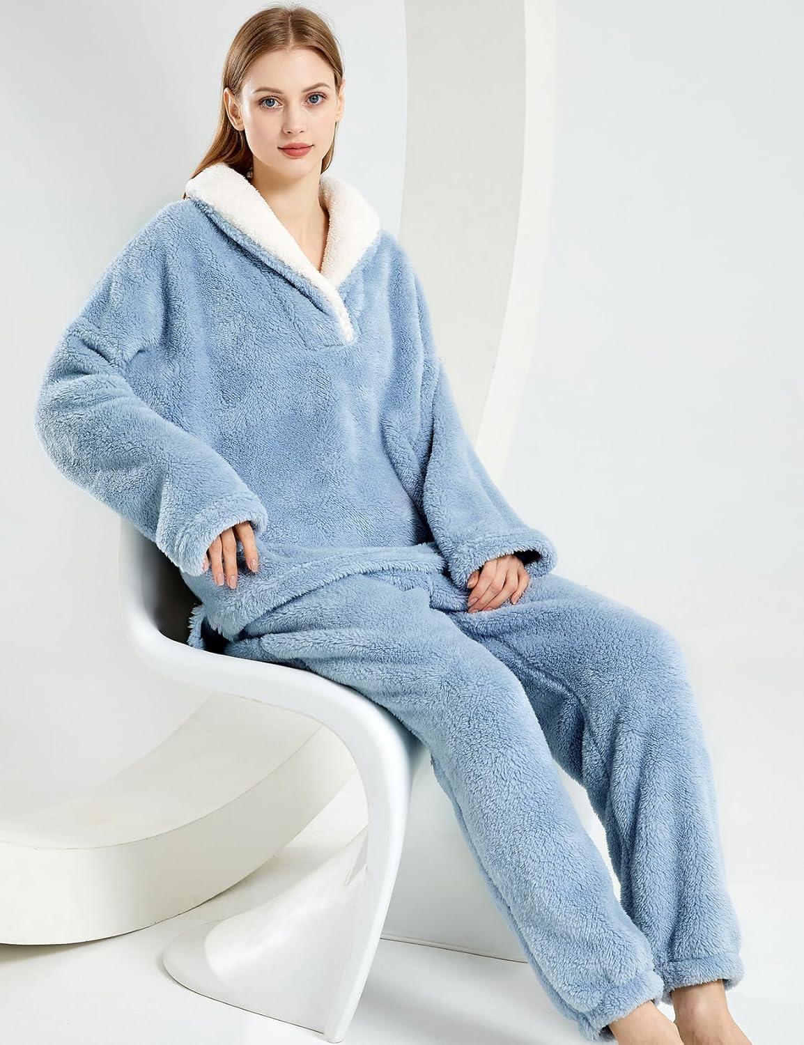 Arssm Women Fluffy Pajamas Set Fleece Pajamas Winter Warm Loose Plush Fuzzy Sets 2 Piece Cozy Sleepwear(Blue)