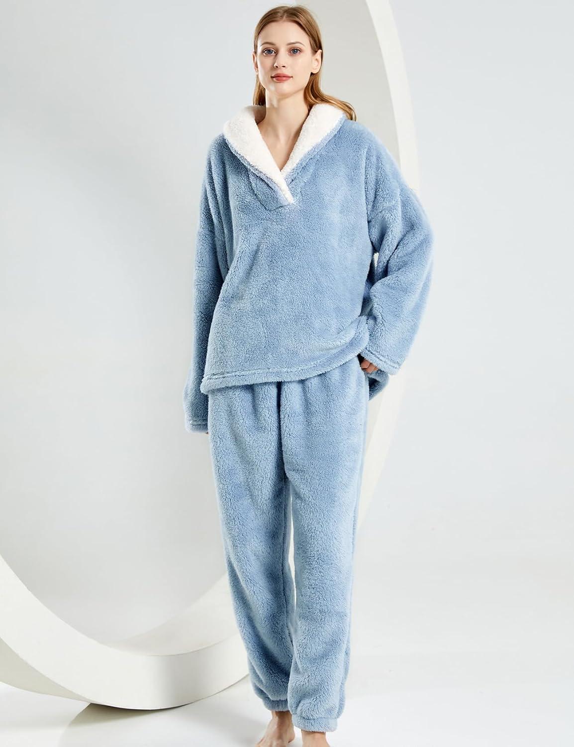 Arssm Women Fluffy Pajamas Set Fleece Pajamas Winter Warm Loose Plush Fuzzy Sets 2 Piece Cozy Sleepwear(Blue)