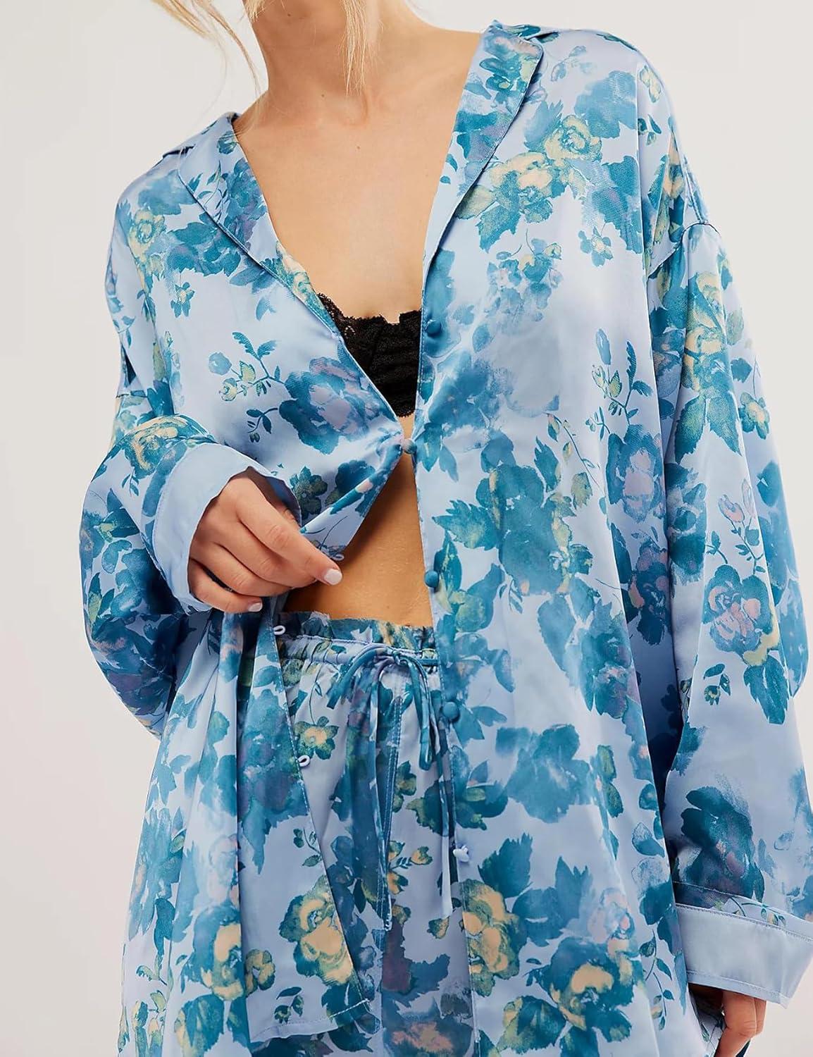 Arssm Satin Pajama Set for Women Silk Pajamas Set 2 Piece Floral Pj Set Long Sleeve Button Down Pjs Sleepwear(Blue)