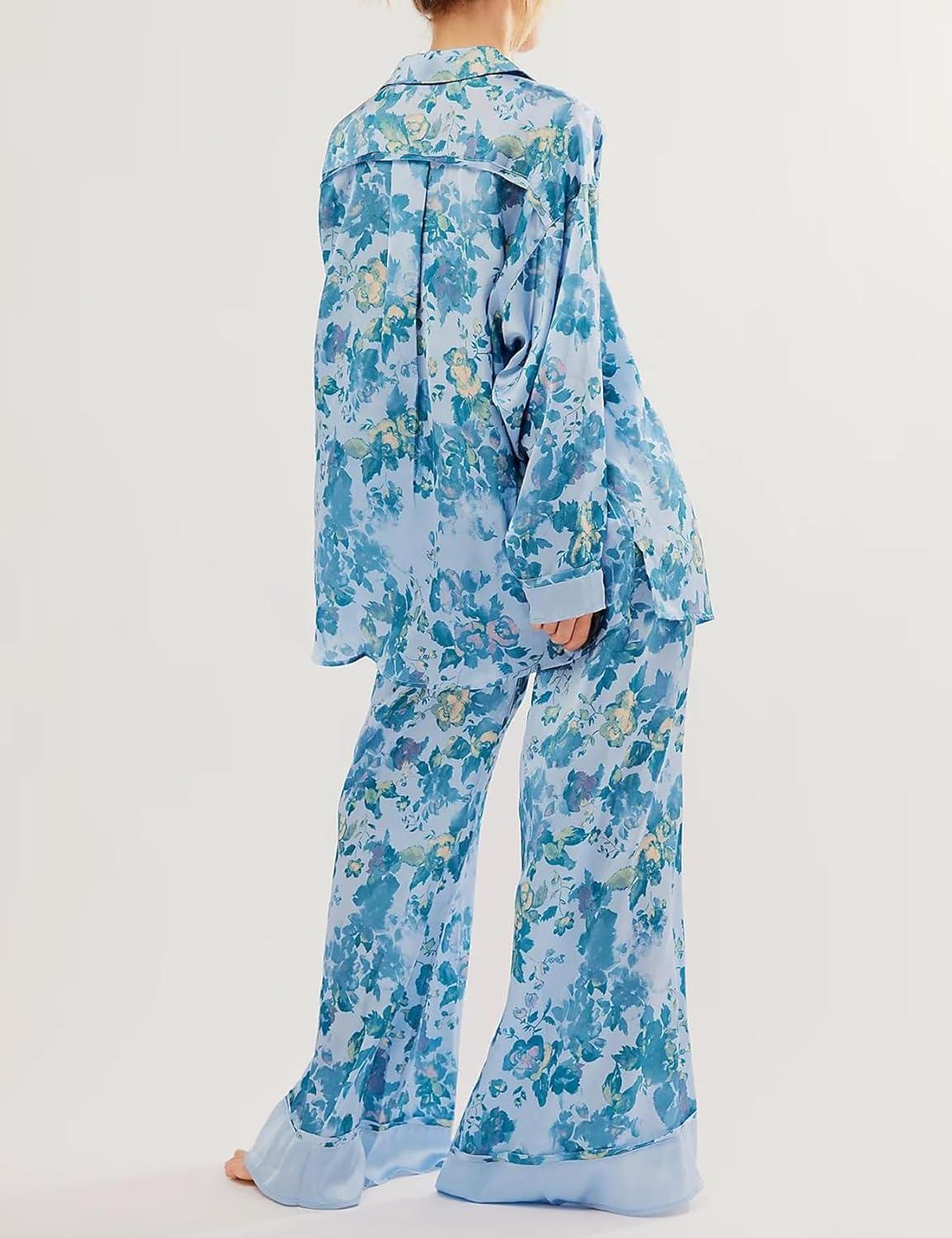 Arssm Satin Pajama Set for Women Silk Pajamas Set 2 Piece Floral Pj Set Long Sleeve Button Down Pjs Sleepwear(Blue)