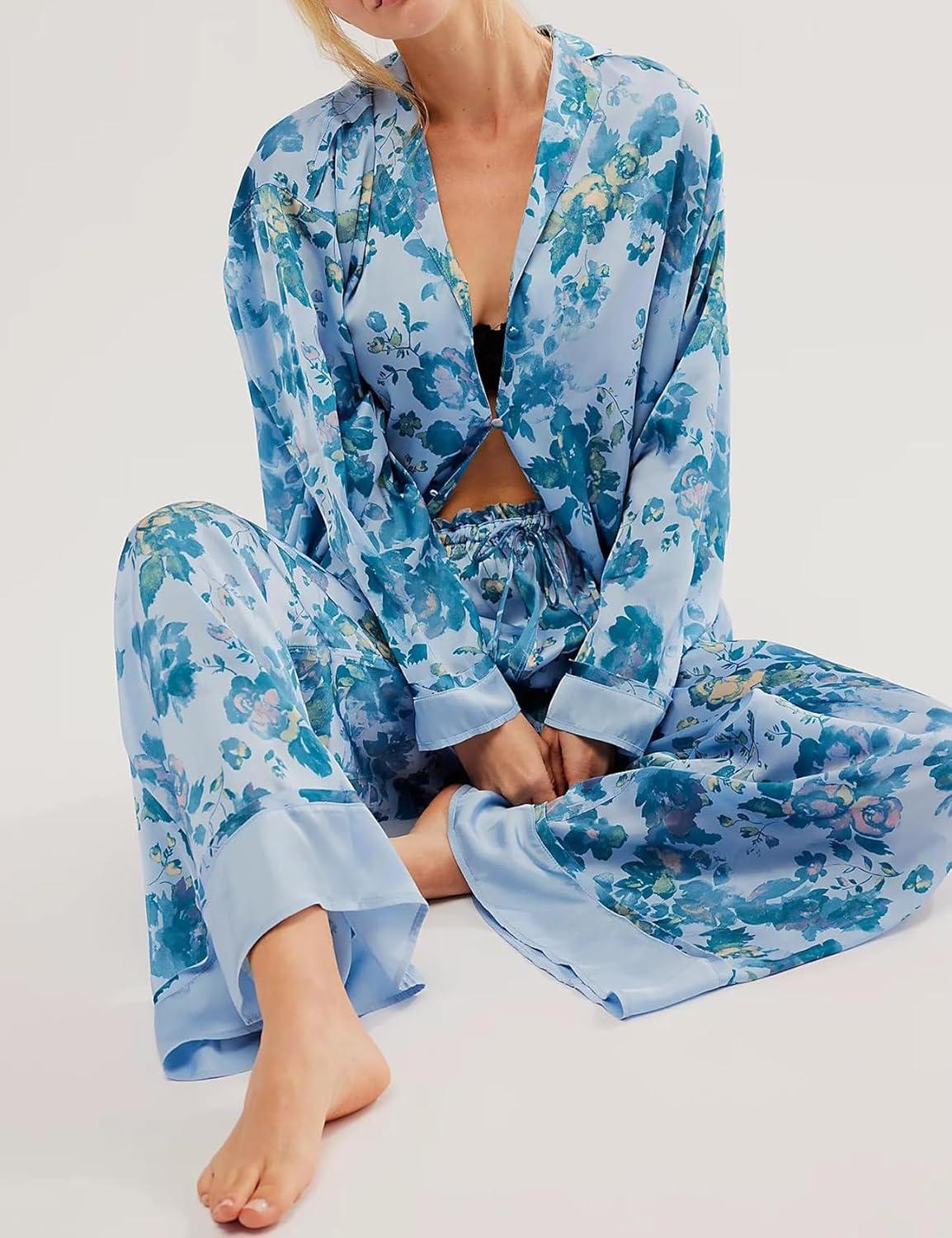 Arssm Satin Pajama Set for Women Silk Pajamas Set 2 Piece Floral Pj Set Long Sleeve Button Down Pjs Sleepwear(Blue)
