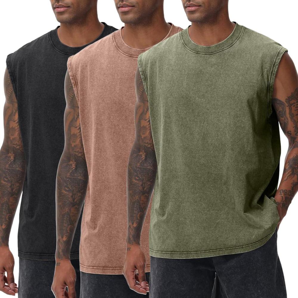 Arssm Sleeveless Shirts for Men Tank Tops Cotton Acid Wash Tees Muscle Workout Running Tank Tops(Black+khaki+army)