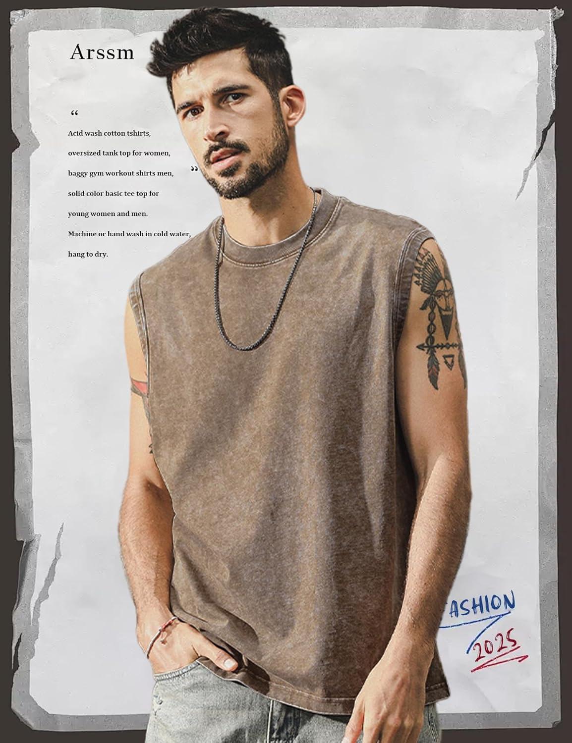 Arssm Sleeveless Shirts for Men Tank Tops Cotton Acid Wash Tees Muscle Workout Running Tank Tops(Black+khaki+army)