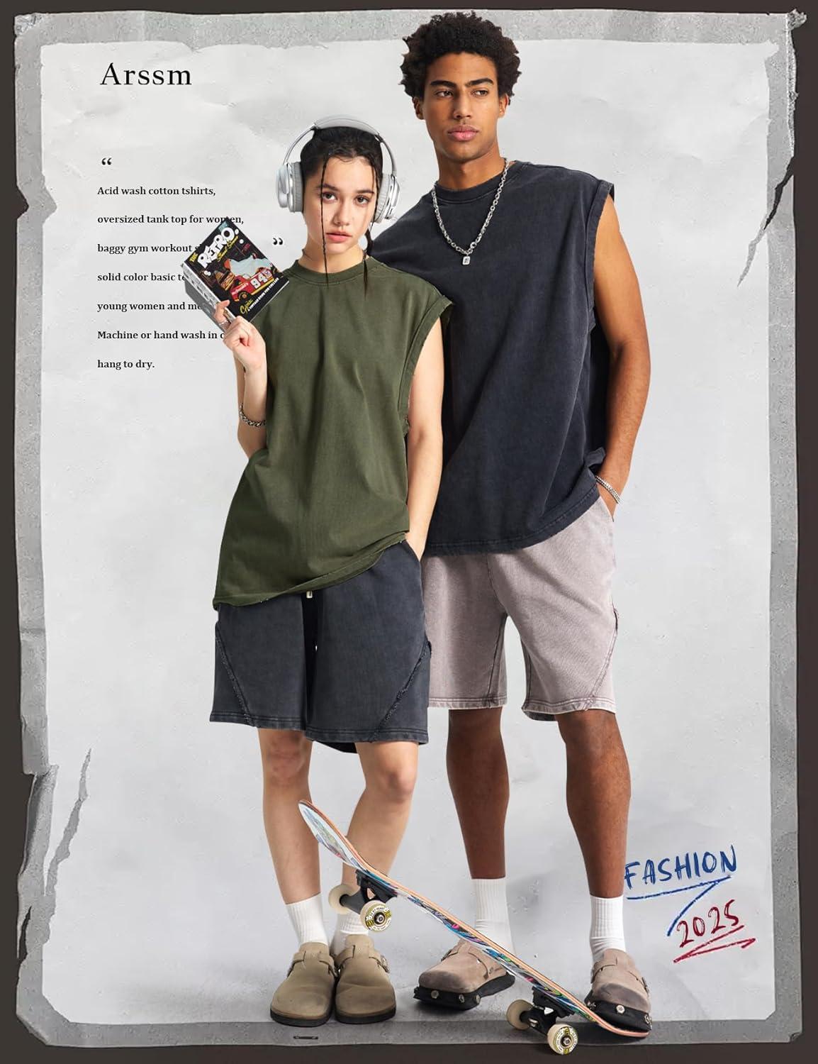 Arssm Sleeveless Shirts for Men Tank Tops Cotton Acid Wash Tees Muscle Workout Running Tank Tops(Black+khaki+army)