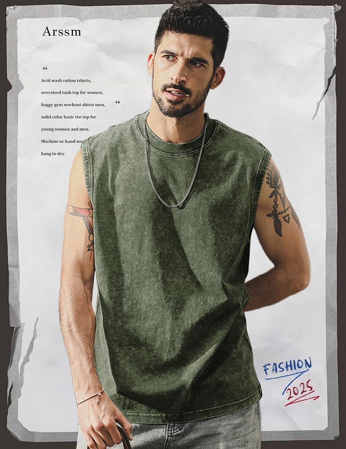 Arssm Sleeveless Shirts for Men Tank Tops Cotton Acid Wash Tees Muscle Workout Running Tank Tops(Black+khaki+army)