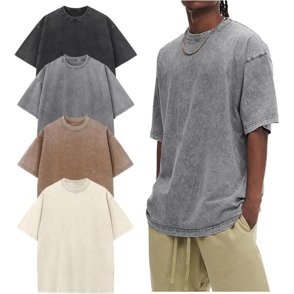 Arssm Oversized Tshirts for Men Acid Wash Loose Fit Vintage Cotton Heavyweight T Shirts Baggy Tees(Blackgreykhakibeige)