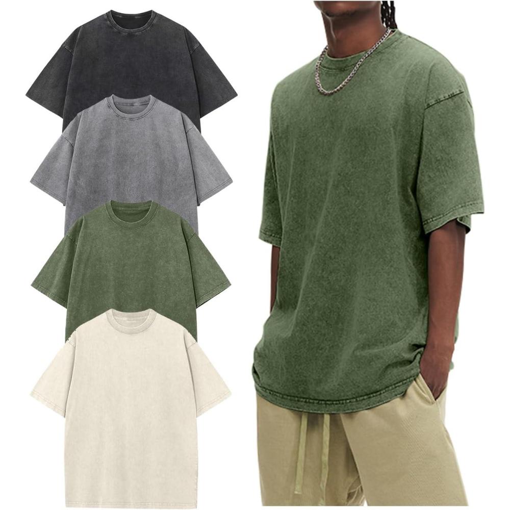 Arssm Oversized Tshirts for Men Acid Wash Loose Fit Vintage Cotton Heavyweight T Shirts Baggy Tees(Blackgreyarmybeige)
