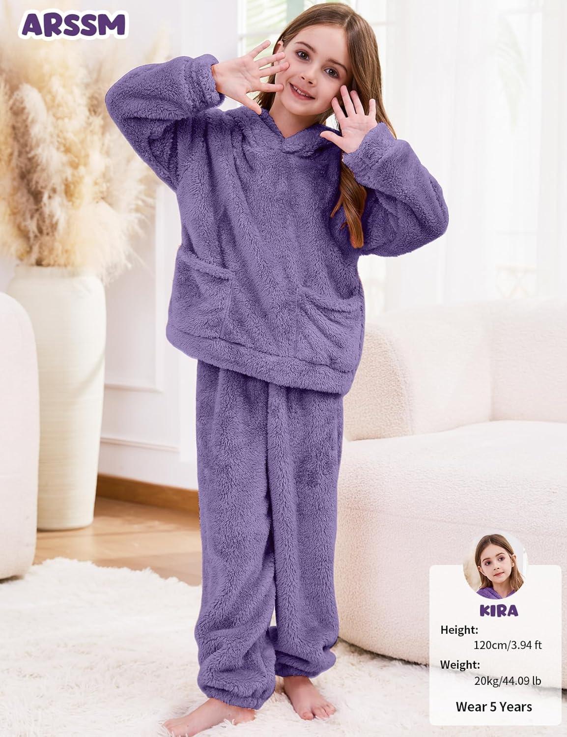 Arssm Girl Pants Sets Two Pieces Outfit Kids Bear Ear Fuzzy Fluffy Hoodie Sweatshirt with Fleece Sweatpants(Purple)