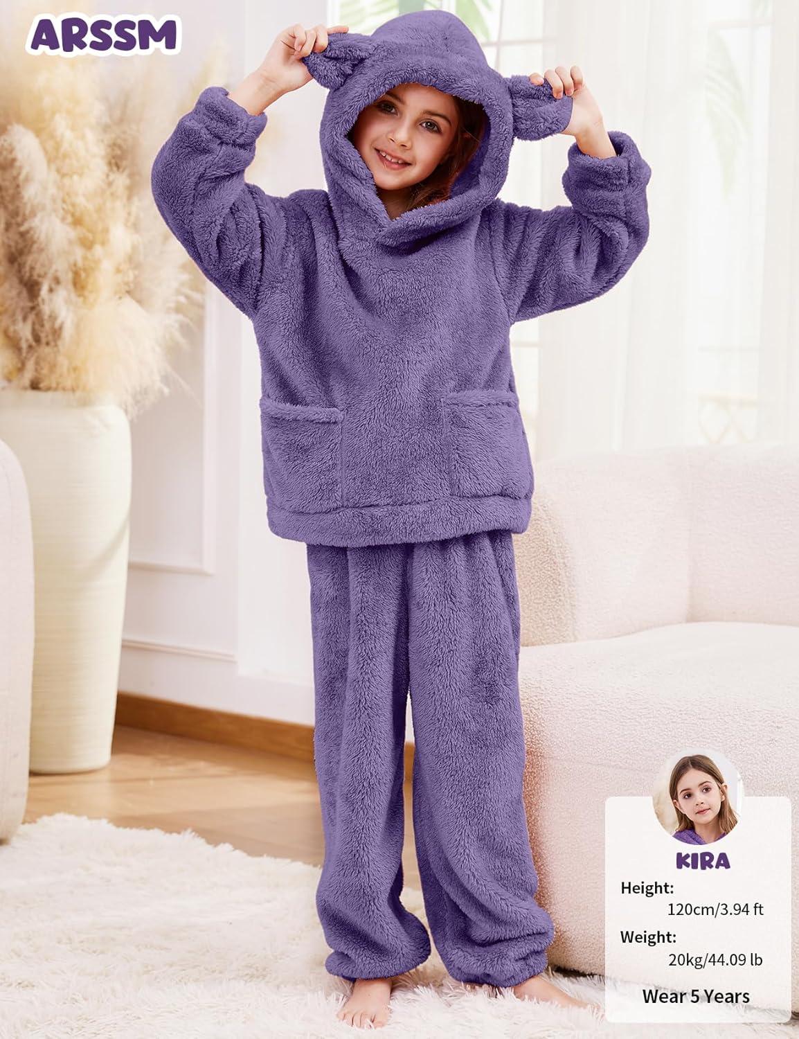 Arssm Girl Pants Sets Two Pieces Outfit Kids Bear Ear Fuzzy Fluffy Hoodie Sweatshirt with Fleece Sweatpants(Purple)