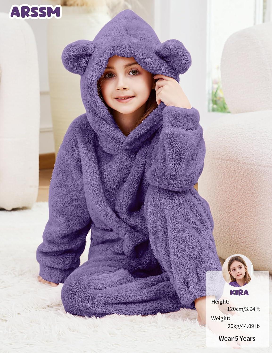 Arssm Girl Pants Sets Two Pieces Outfit Kids Bear Ear Fuzzy Fluffy Hoodie Sweatshirt with Fleece Sweatpants(Purple)