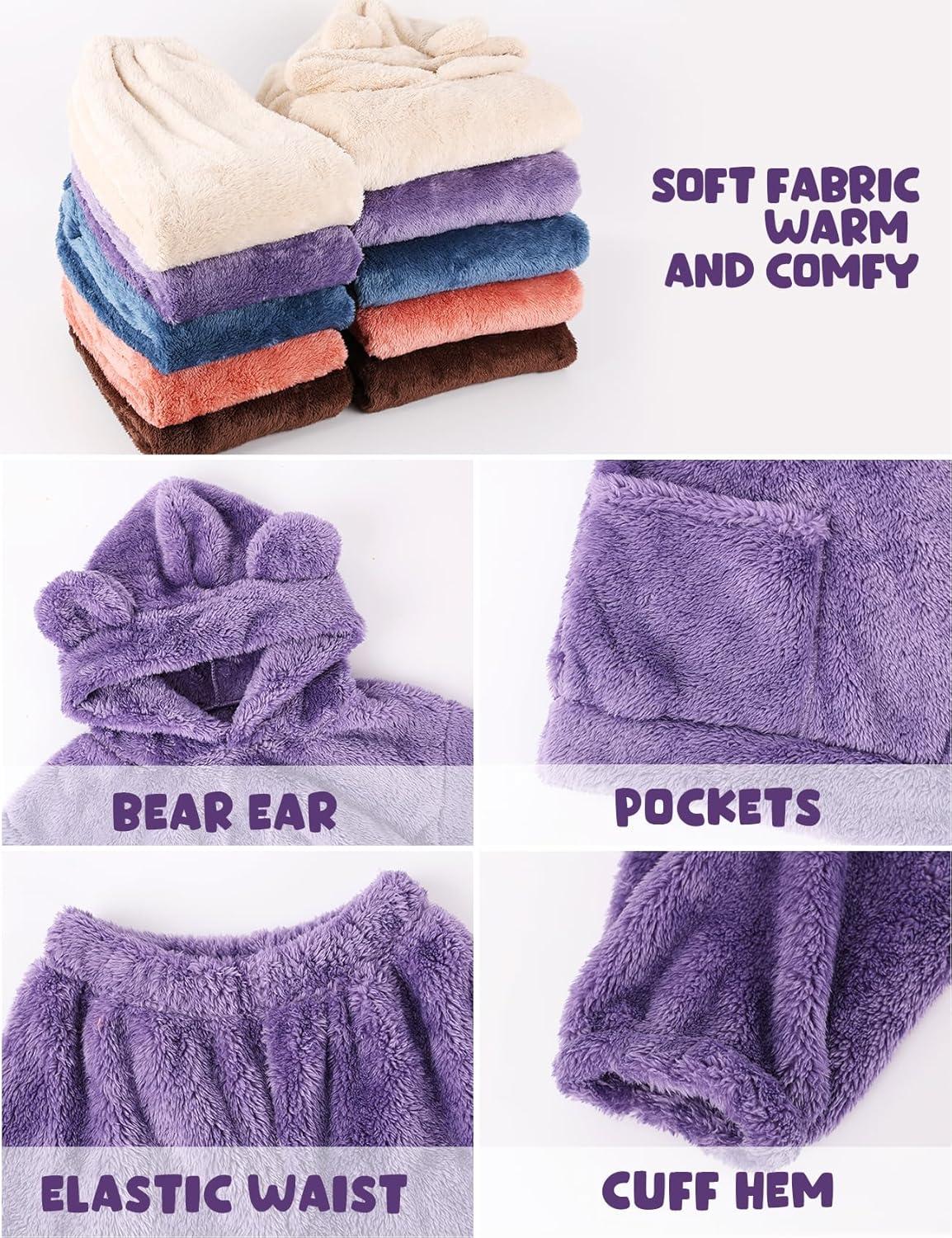 Arssm Girl Pants Sets Two Pieces Outfit Kids Bear Ear Fuzzy Fluffy Hoodie Sweatshirt with Fleece Sweatpants(Purple)