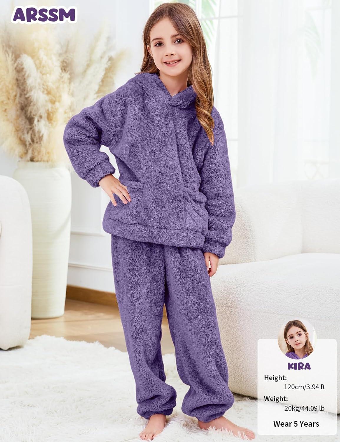 Arssm Girl Pants Sets Two Pieces Outfit Kids Bear Ear Fuzzy Fluffy Hoodie Sweatshirt with Fleece Sweatpants(Purple)