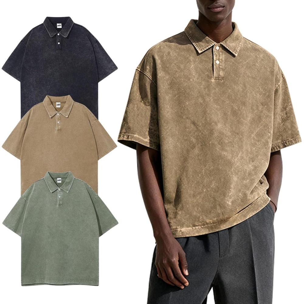 Arssm Mens Polo Shirts Short Sleeve Cotton Acid Washed Overzied T Shirts Baggy Vintage Collared Polo Shirts(Black+khaki+army)