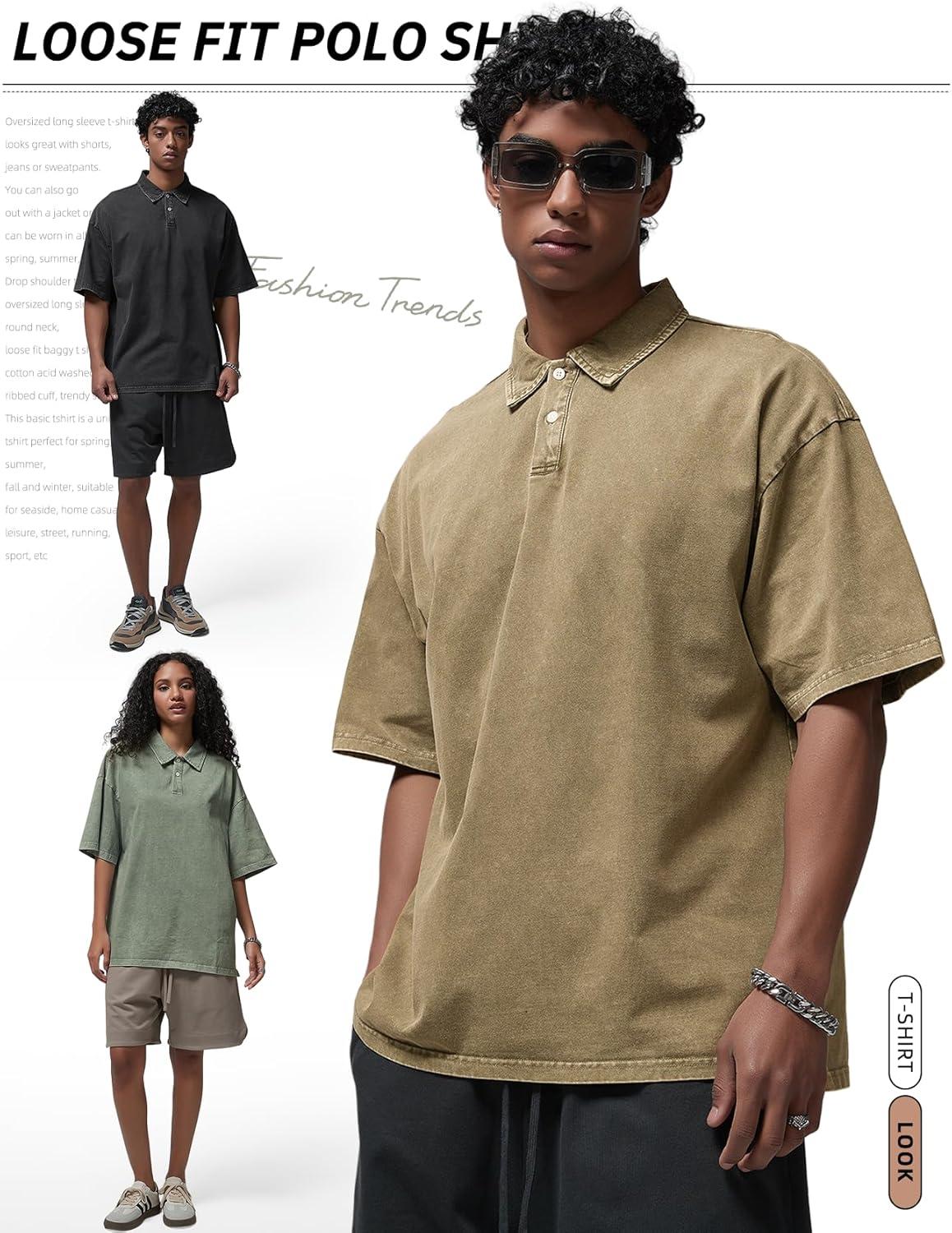 Arssm Mens Polo Shirts Short Sleeve Cotton Acid Washed Overzied T Shirts Baggy Vintage Collared Polo Shirts(Black+khaki+army)