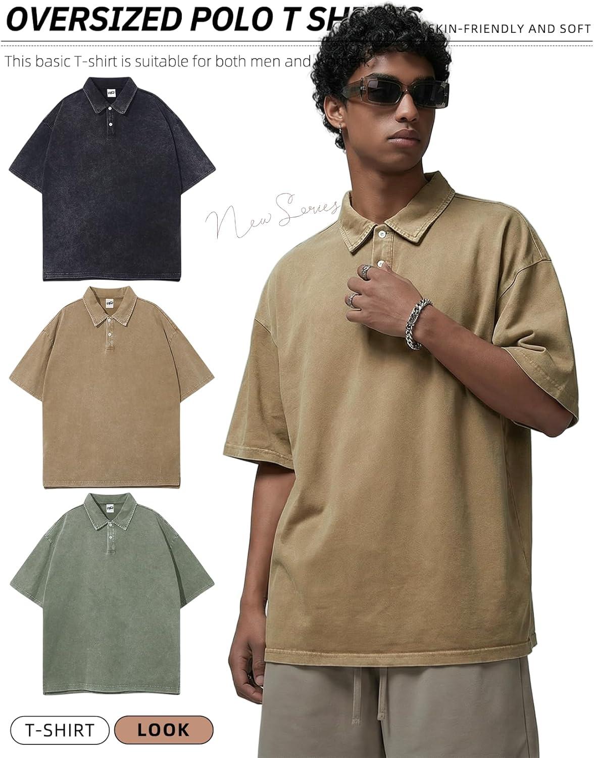 Arssm Mens Polo Shirts Short Sleeve Cotton Acid Washed Overzied T Shirts Baggy Vintage Collared Polo Shirts(Black+khaki+army)