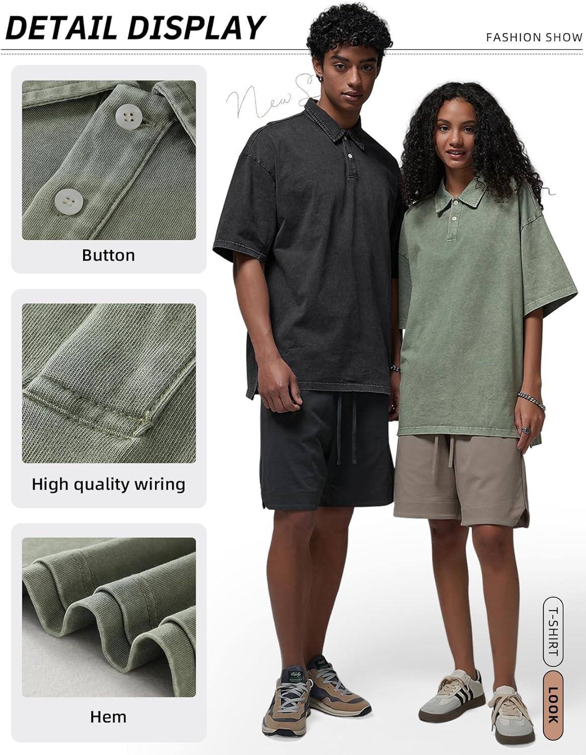 Arssm Mens Polo Shirts Short Sleeve Cotton Acid Washed Overzied T Shirts Baggy Vintage Collared Polo Shirts(Black+khaki+army)
