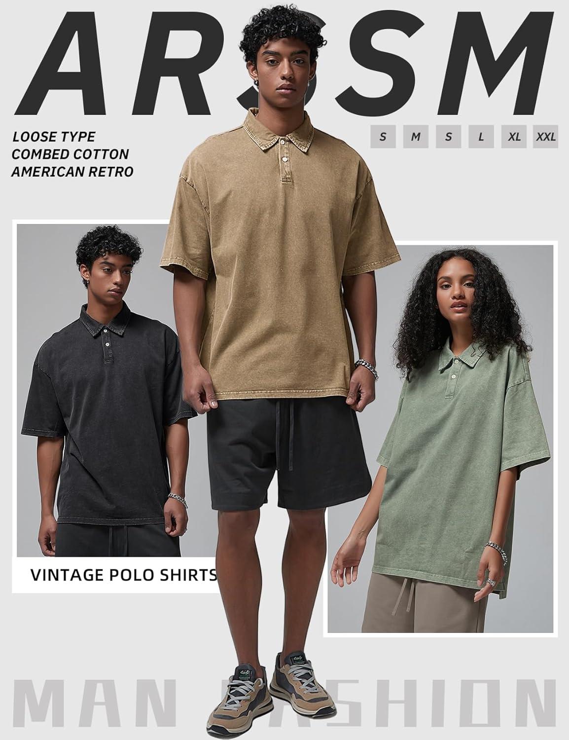 Arssm Mens Polo Shirts Short Sleeve Cotton Acid Washed Overzied T Shirts Baggy Vintage Collared Polo Shirts(Black+khaki+army)