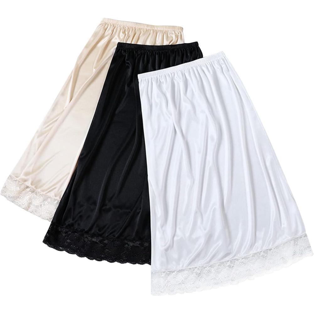 3 Pieces Women’s Lace Satin Half silps Lace Long Underskirt Half Skirt with Lace Trim Half Slips for Under Dresses Slip(Black Nude White)